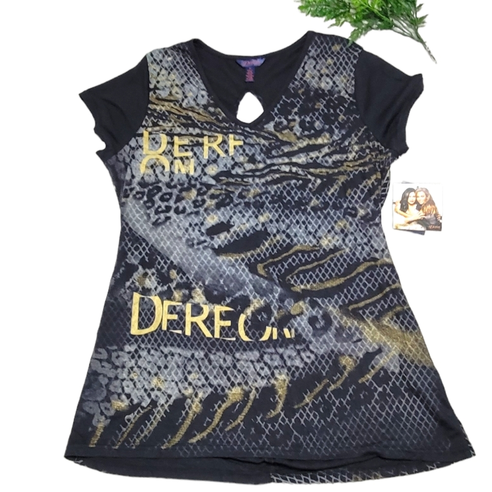 Dereon Black Gold Pullover Open Keyhole Back Top Size‎ 1X.